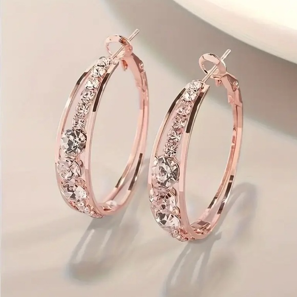 Rose Gold Rhinestone Hoop Earrings - Picture 1 of 3